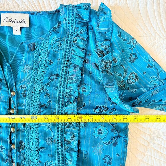 Cleobella Teal & Gold Metallic Floral Ruffle Long Sleeve Chiffon Blouse Size L - Picture 13 of 15